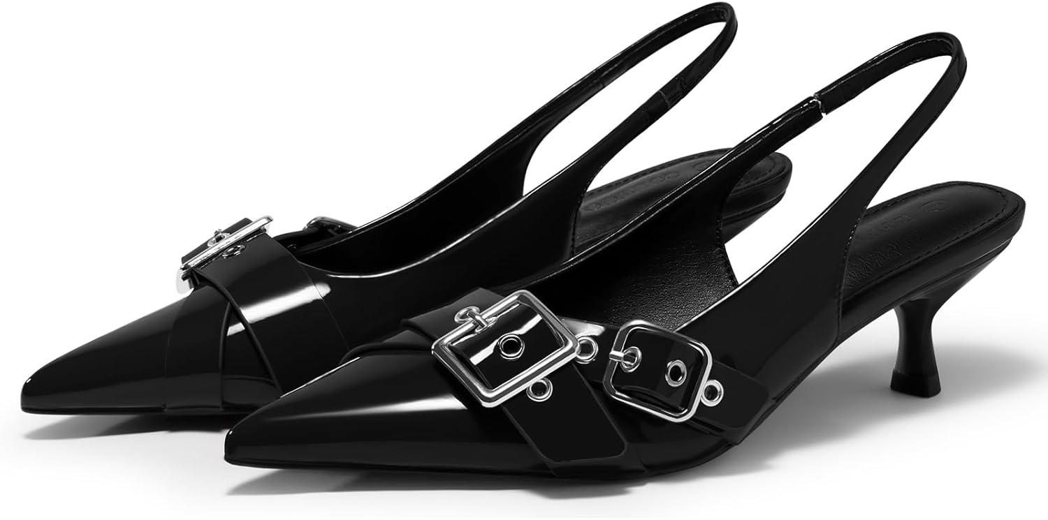 Coutgo Womens Slingback Kitten Heels Closed Pointed Toe Pumps Studded Buckle Strap Party Dress Shoes