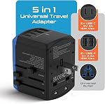 Ceptics Adaptateur universel de voyage, 5 en 1 Chargeur universel pour ordinateur portable avec 2X USB-A & USB-C 3.5A pour Mobiles, Ordinateurs portables, Caméras US, UK, EU, AU, Tous dans 1 Type A, C, G, I Sortie, Adaptateur de puissance universel, Type A , C , G , I sortie, Socket universel, 3.5A USB