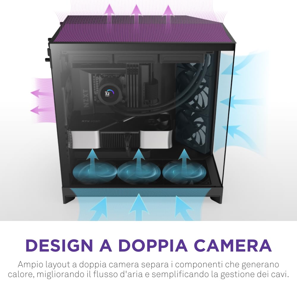 NZXT H9 Flow (2025) – Grande Case PC ATX Mid-Tower a Doppia Camera con Flusso d'Aria – Include 3 Ventole da 140mm e 1 da 120mm – Supporto Radiatore da 420mm – Vetro Temperato – Nero
