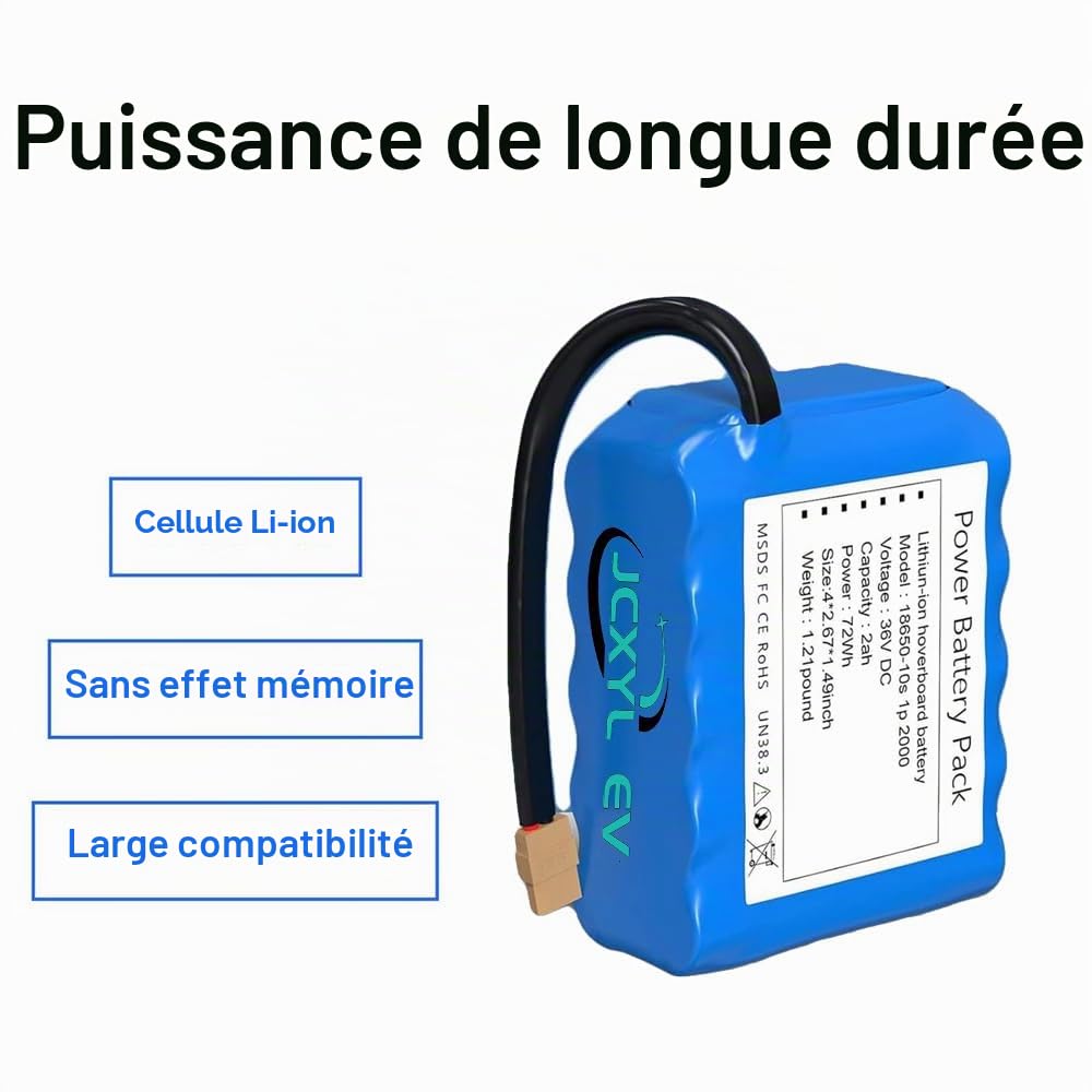 Batterie pour Hoverboard 36 V (Compatible 42 V) – Batterie de Remplacement Rechargeable au Lithium 36 V 2 Ah (36 V 2000 mAh 10S1P) pour Planches Auto-équilibrées