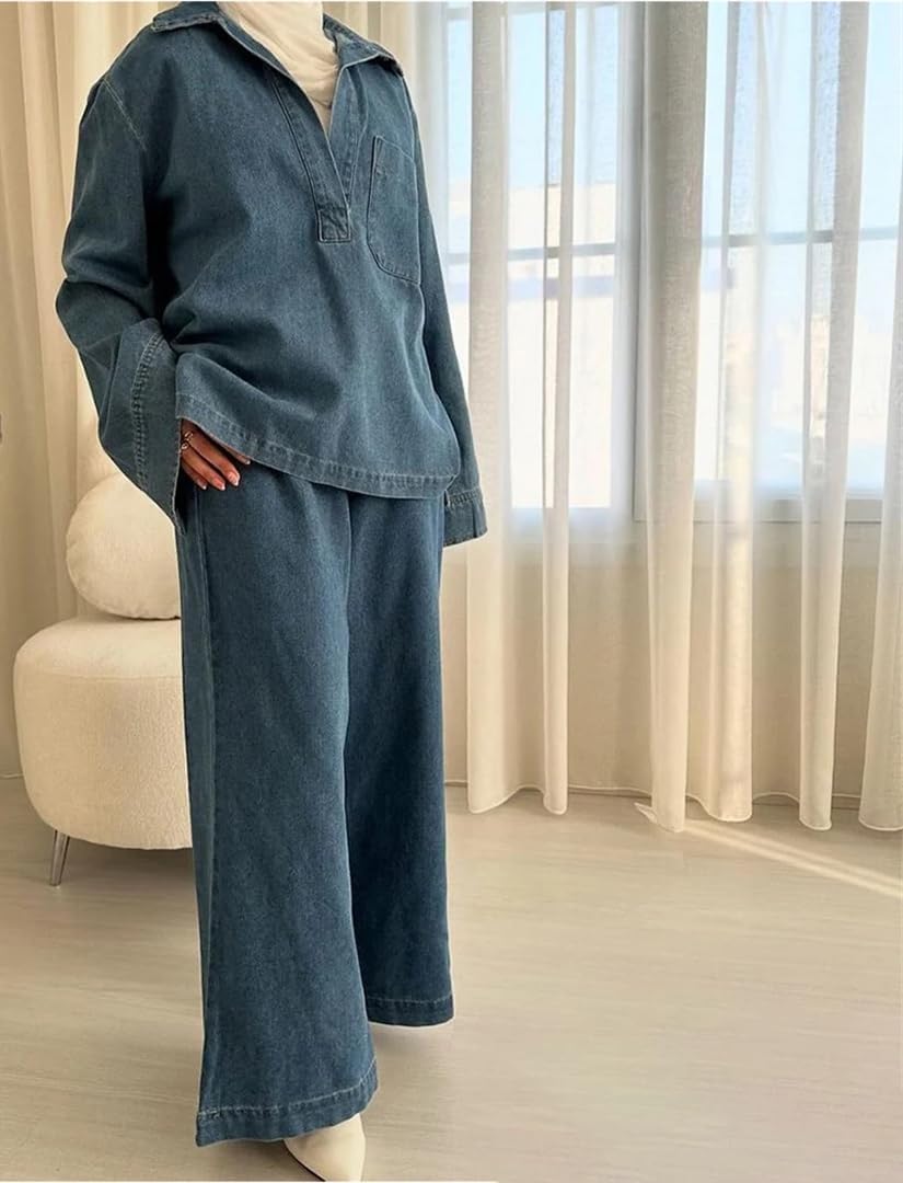 Womens V Neck Denim Shirt And Elastic Waist Straight Pants Set Vintage Casual 2-Piece Set