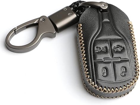Leather for Maserati Levante GT Quattroporte Ghibli Remote Smart 4 Buttons Key Case Fob Cover Chain Black