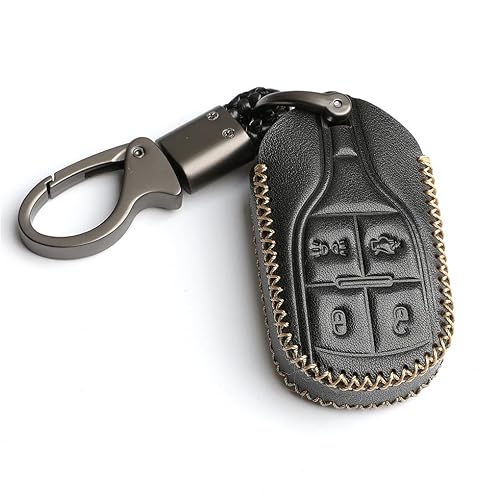 Leather for Maserati Levante GT Quattroporte Ghibli Remote Smart 4 Buttons Key Case Fob Cover Chain (Black)