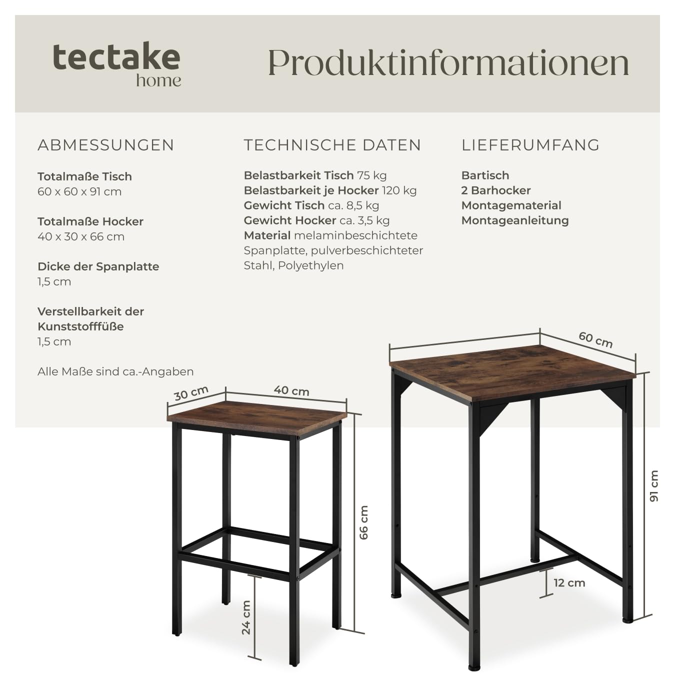tectake® Bartisch Set 3-teilig, 1x Hochtisch mit 2X Barhocker, Essgruppe Industrial Style, Kaffeebar Möbel, Küchentisch mit Stühlen, Küchenmöbel, Wohnzimmer Möbel (Industrial Dunkelbraun)