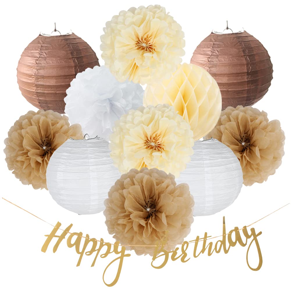SUNBEAUTY White Brown Birthday Party Decoration Set 12PCS Brown Hanging Tissue Pom Poms White Brown Paper Lanterns for Rustic Vintage Wedding Baby Shower Backdrop Birthday Party Decoration