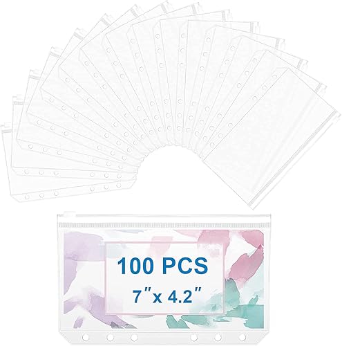 QiXin 100 bolsillos para carpetas A6, 6 agujeros con cremallera, tarjetas de PVC transparente, bolsas de hojas sueltas, sobres de efectivo para