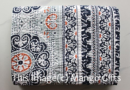 Mango Gifts Kantha-Steppdecke in indigofarbigem Handblock-Druck, Doppelbettgröße, Baumwoll-Tagesdecke, hergestellt von Artisans of India ca. 152,4 x 228,6 cm