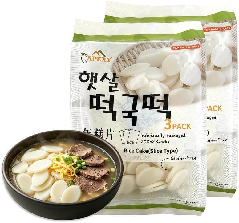 APEXY Sliced Korean Rice Cakes for Tteokguk Soup, Authentic Chewy Oval Rice Cake Slices, Gluten Free Korean Rice Cakes for Hot Pot, Stir Fry & Asian Cooking, 21 oz Pack of 2