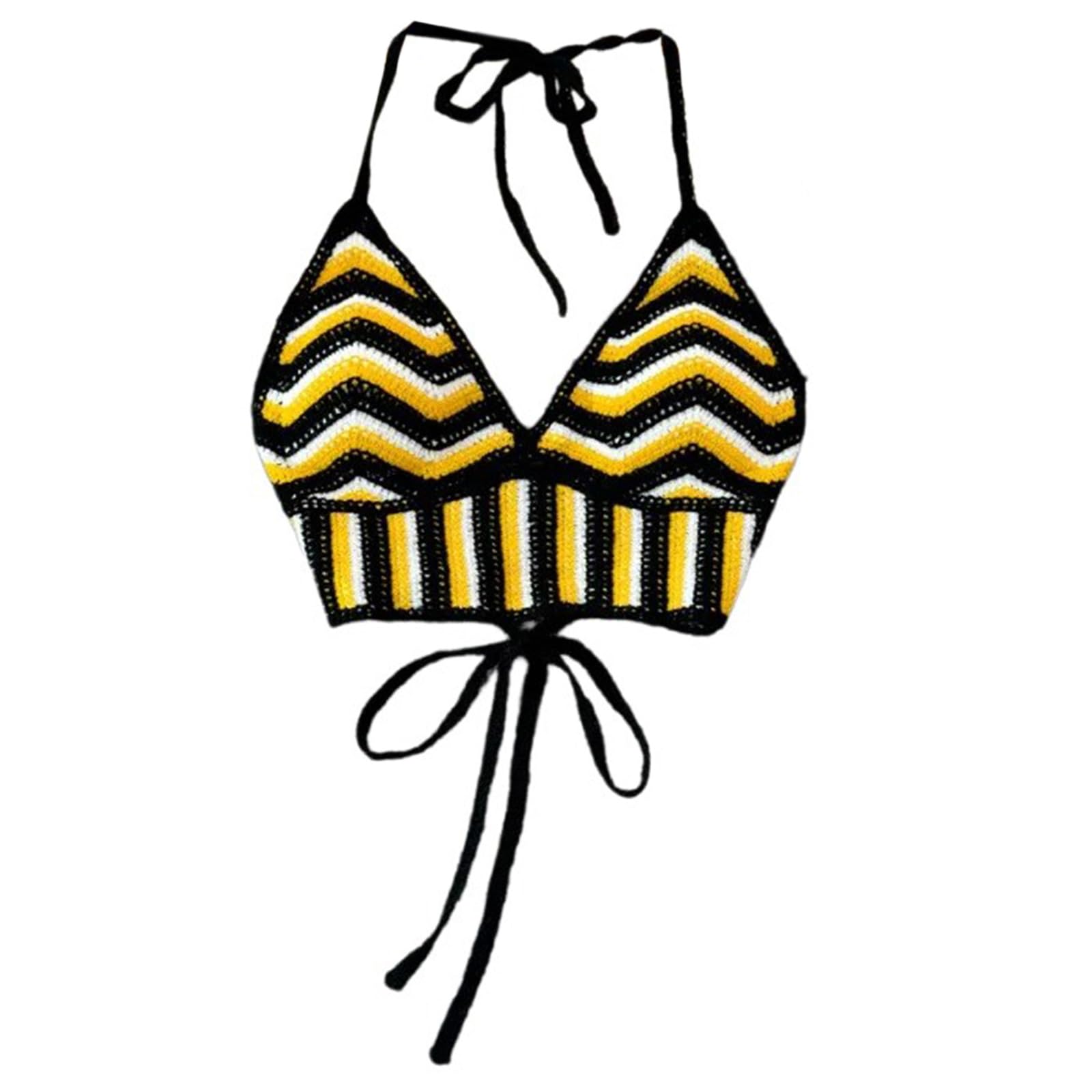 Malsse Unisex Yellow Strip Womens Hollow Crochet Halterneck Beach Bustiers Vests Knitted Colorful Striped Crop Top Camisole Bralettes Crochet Knitted Halterneck Bustiers Bras