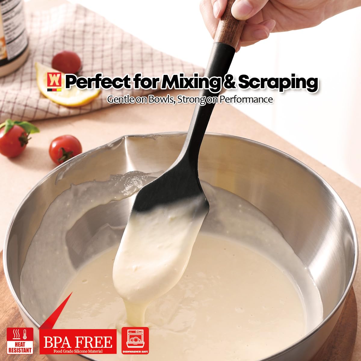 WAGENSTEIGER Espátula de silicona con mango de madera: espátula de cocina multiusos para untar y mezclar, utensilios de cocina resistentes al calor, sin BPA, protege las superficies con diseño de