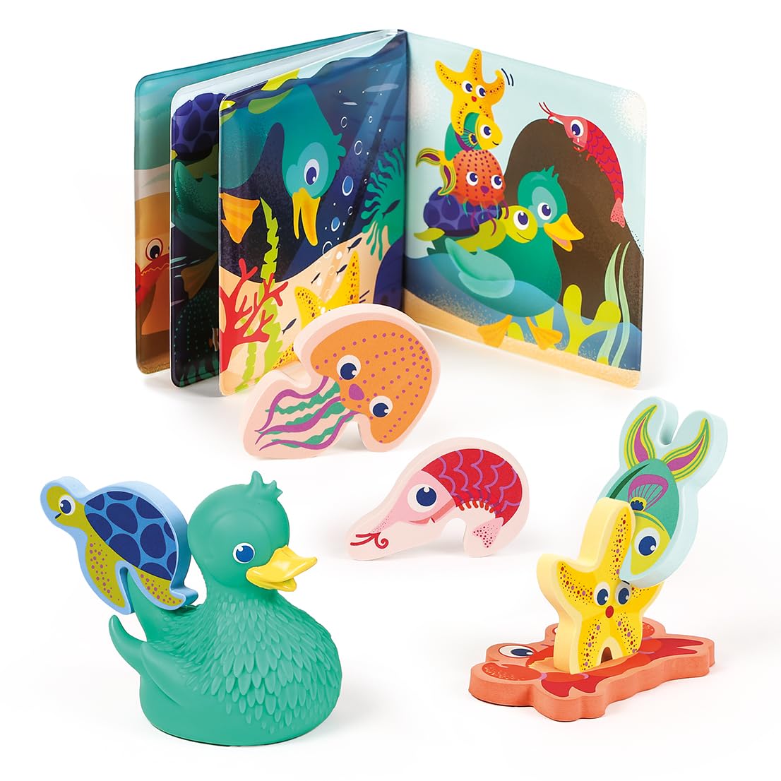 LUDI Lucky Duck & Friends - Cofanetto da bagno 3 in 1 - Anatra aspergore, 6 animali in schiuma e libro da bagno - Sviluppo motorio e immaginazione - a partire dai 10 mesi