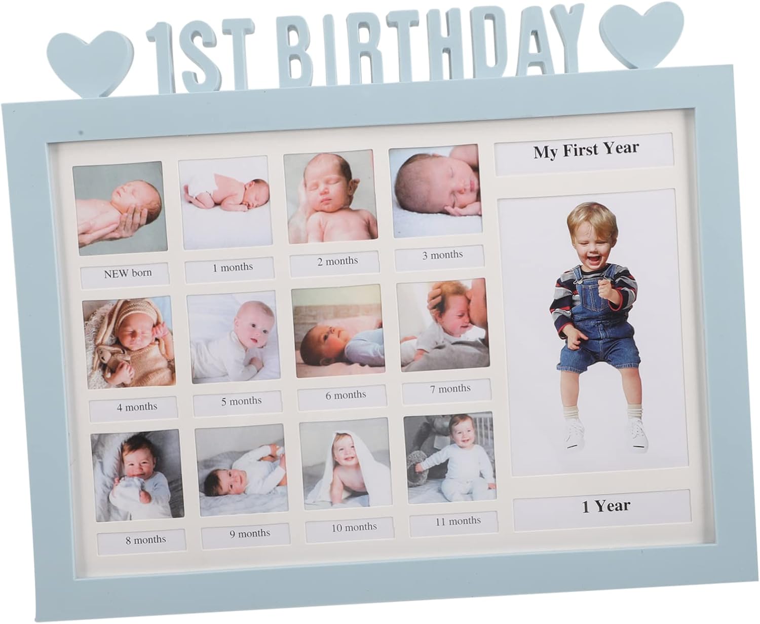 Birthday Picture Frame for Boys Creative Month Milestone Photo Frame Blue Keepsake Organizer Tabletop Display for Nursery and Living Room Holds Monthly Photos