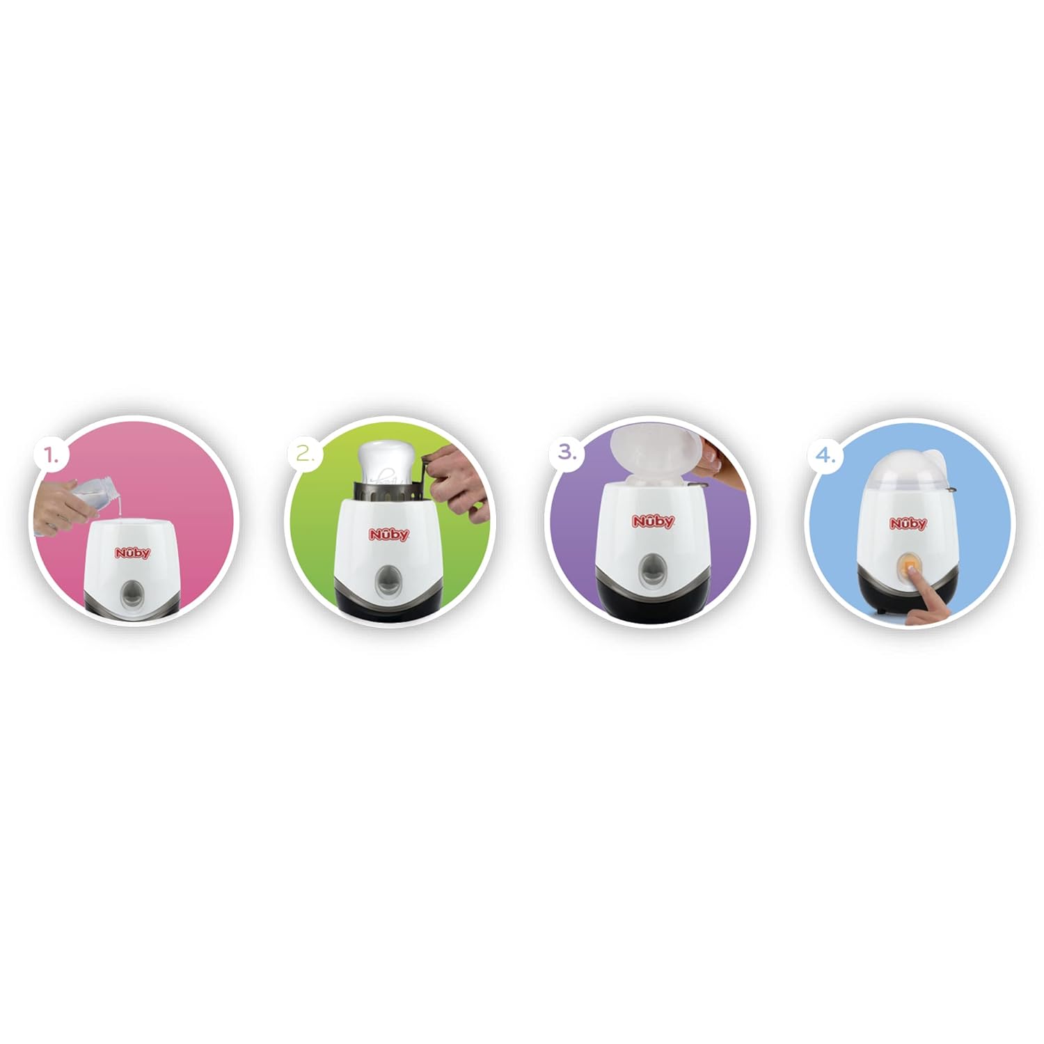 Four-step process for using the Nuby bottle warmer: 1. Add water, 2. Insert bottle, 3. Place lid, 4. Press button.