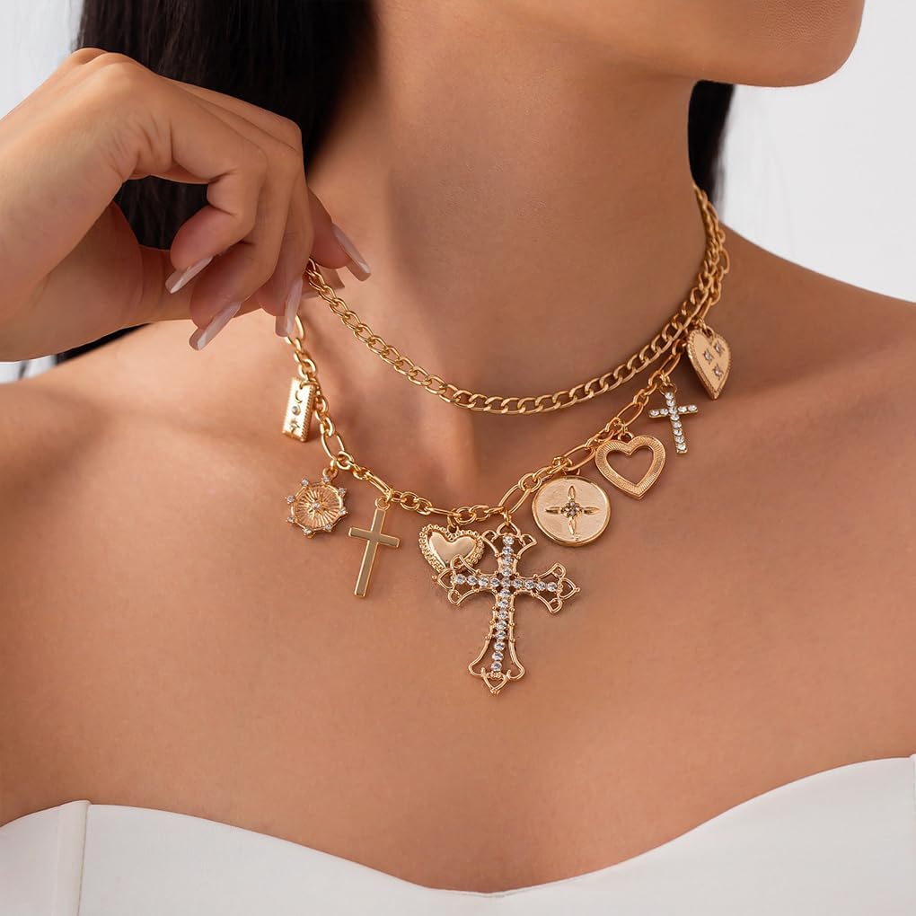 Layered Gold Cross Heart Choker Necklaces for Women Punk Rhinestone Coin Crucifix Pendant Necklace Chunky Adjustable Love Necklace Jewelry Accessories - Image 4