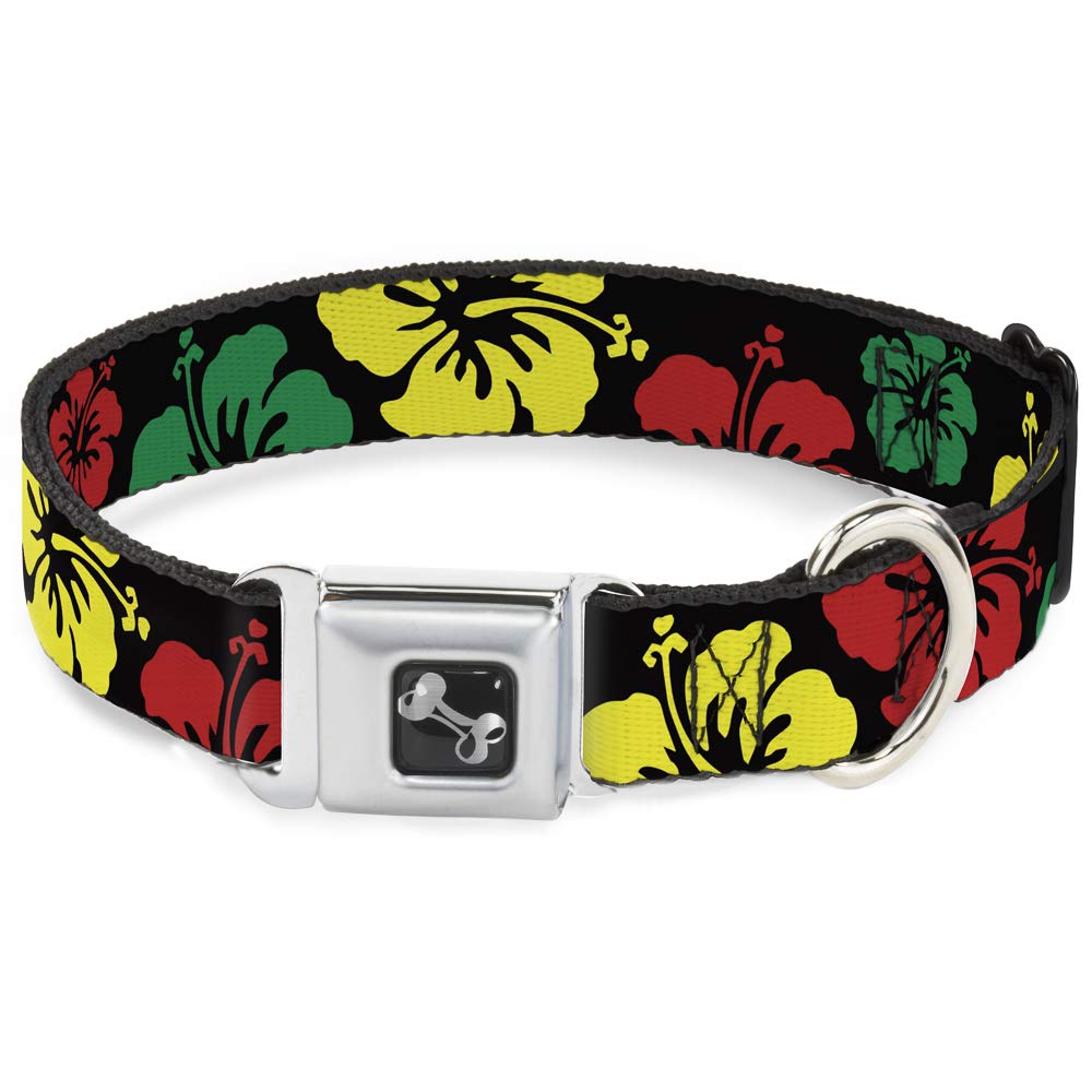 Collier de chien en nylon noir vert jaune motif floral grand chien