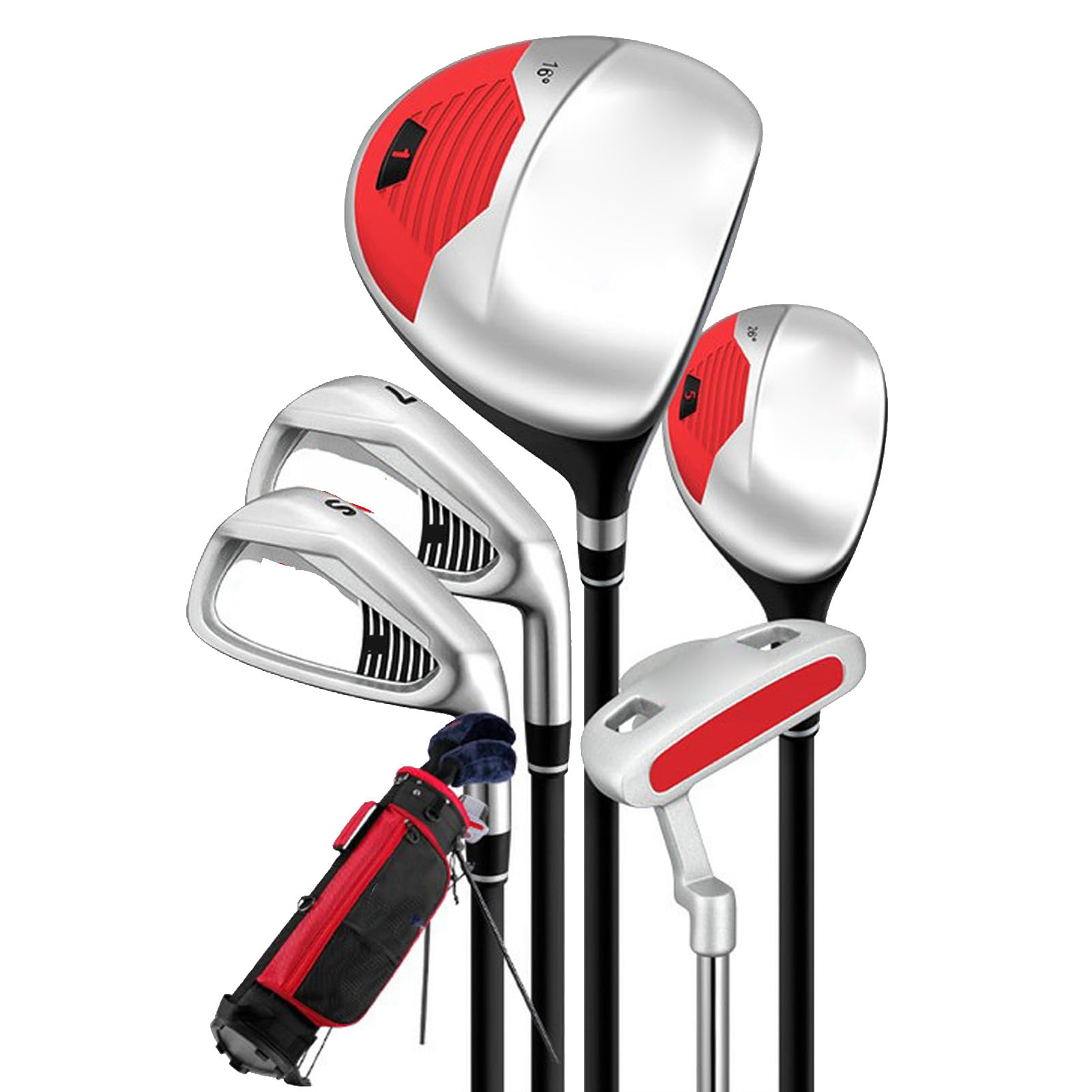 RiToEasysports Juego de club de golf para niños, putter de hierro híbrido de conductor completo con 5 clubes y sombreros para niños y niñas junior