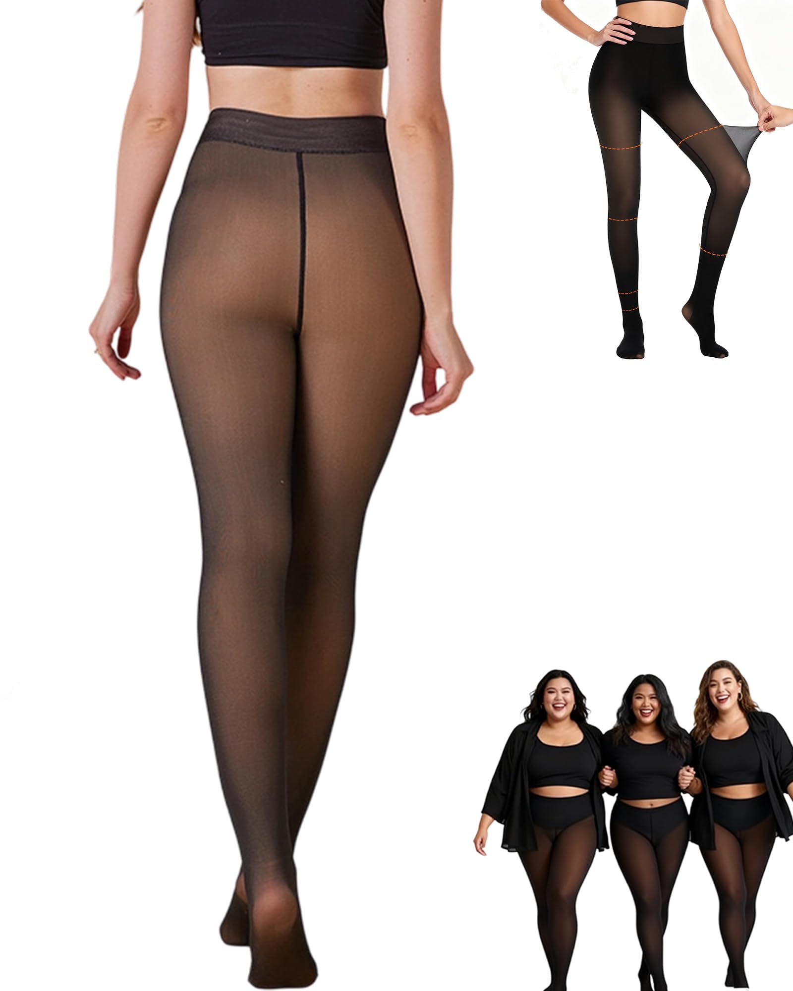 Qosigote Women's A 2026 New Compression Band Model One-Seam Translucent Fleece Lined Tights, Translucent, Tummy Control & Butt Lifting Design, Magic Bare Leg Look Fleece Lined Tights (,M)
