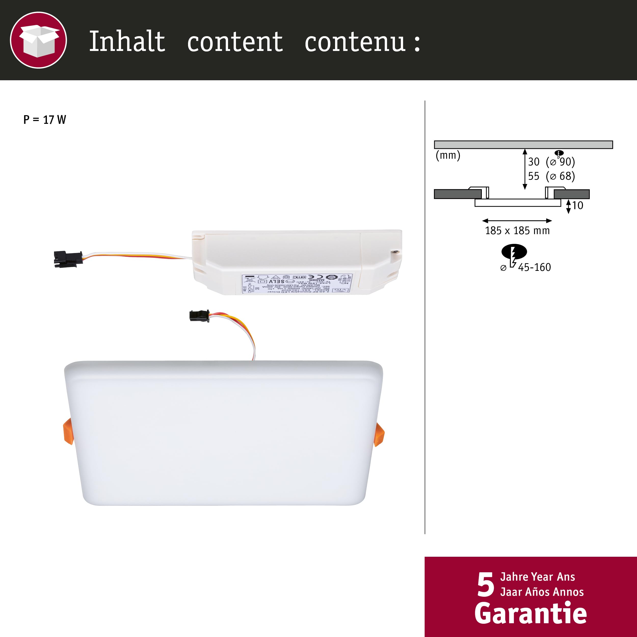Paulmann 95379 panel LED, oprawa wpuszczana Veluna VariFit, IP44 White Switch 185x185mm czworok., w kompl. oprawa sufit.1x14 W przezr.tw.szt.3000 K