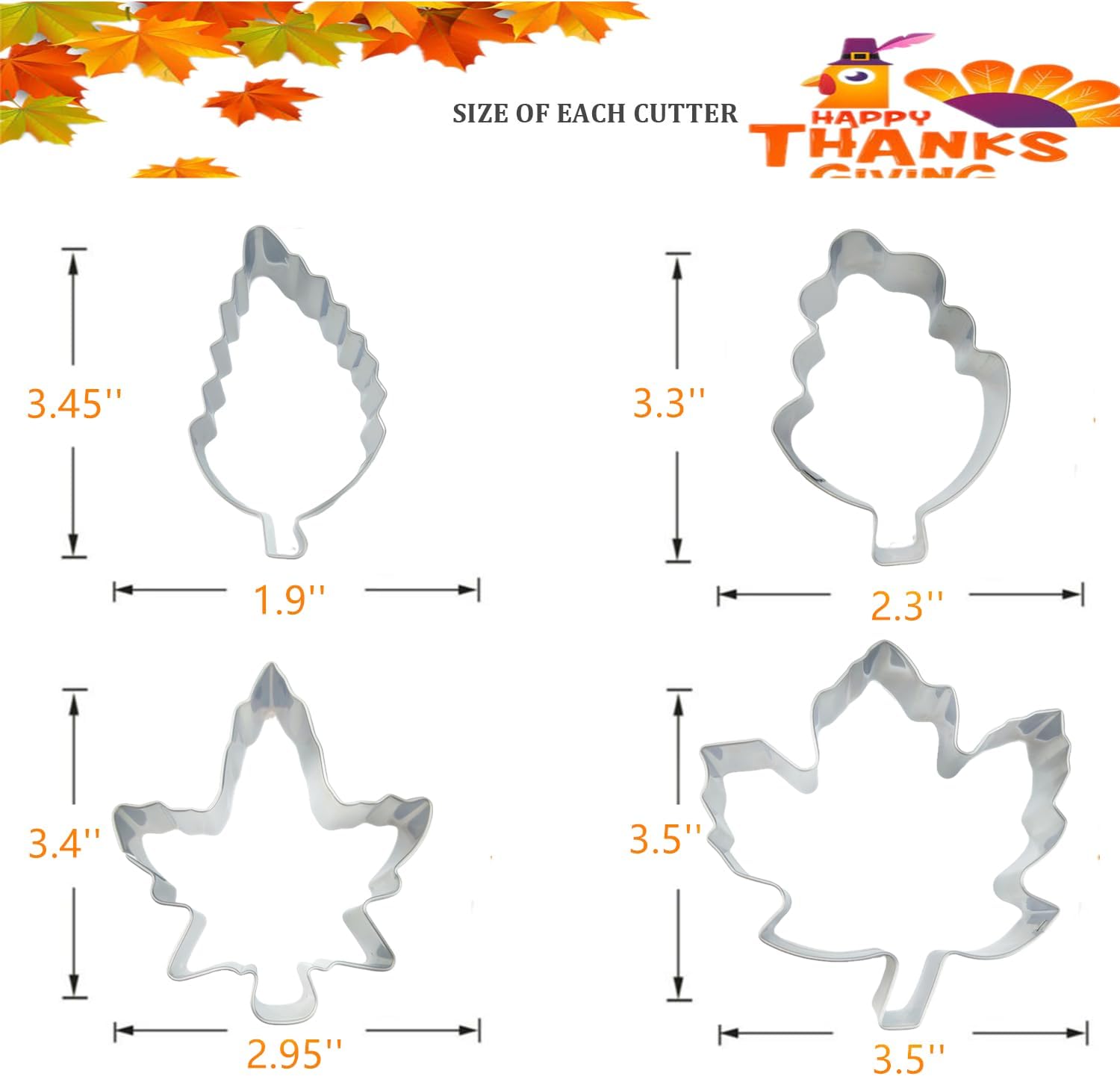 Fall Leaves Cookie Cutters Set, 4 Piece Leaf Cookie Cutter Set Maple, Oak(Big and Small Size), Stainless Steel Molds