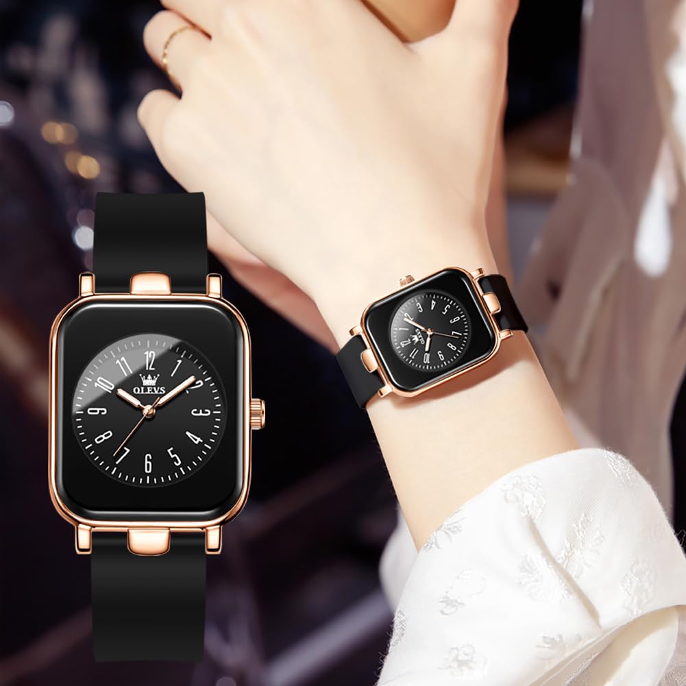 OLEVS Damen Modeuhr Casual Quadratisch Minimalistische Armbanduhren Leuchtende Wasserdicht Silikon Gurt Leichte Quarzuhr für Damen