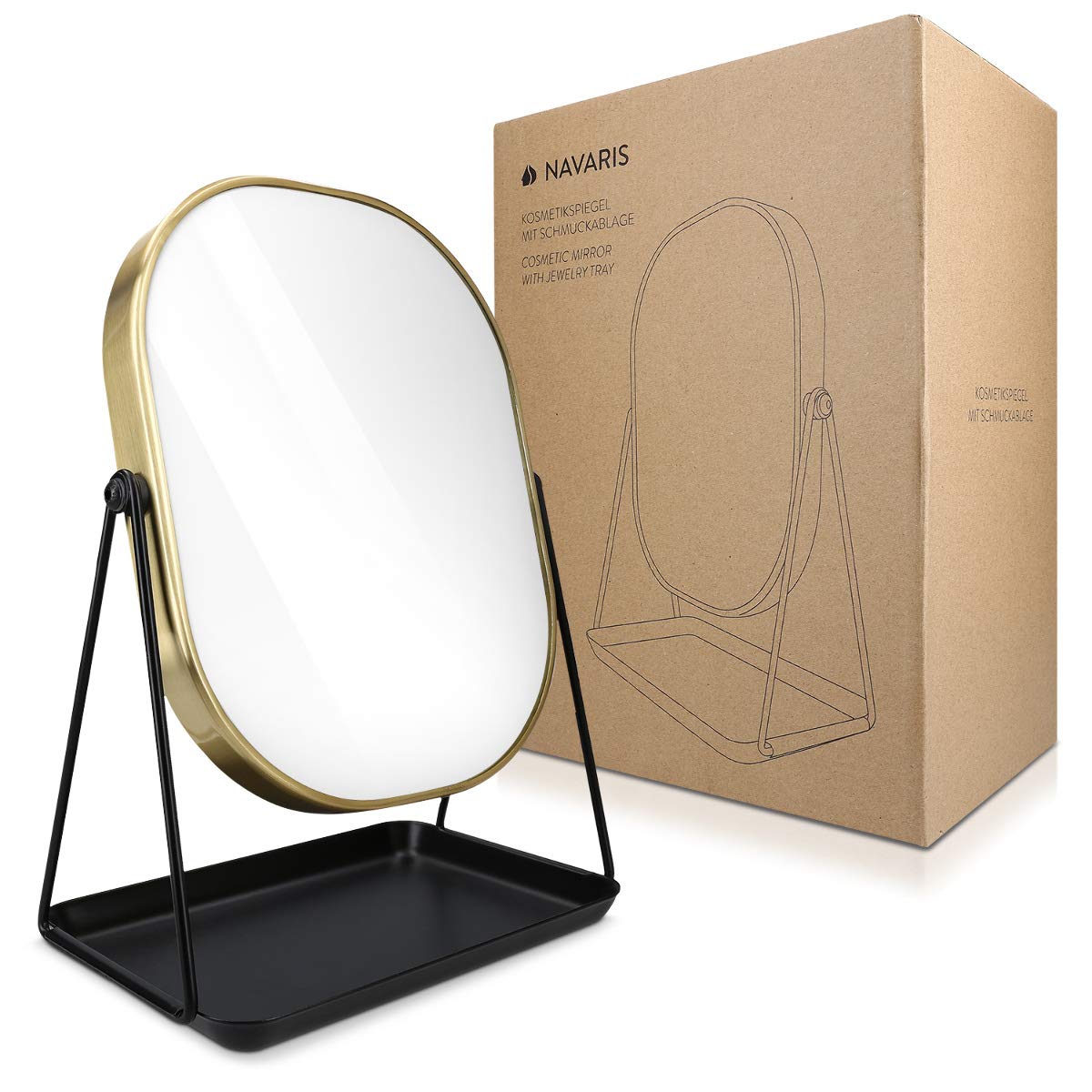 Navaris Vanity Mirror with Tray - Table Top Mirror with Metal Stand and Storage - 7" x 9" Mirror Size - for Makeup, Tabletop, Desk - Gold Finish