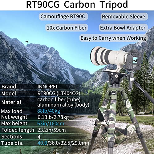 Image of INNOREL RT90CG Carbon Fiber Bowl Tripod - Heavy Duty With 75mm Bowl, 40mm Leg Tube, Ultra Stable Professional Camera Tripod, Max Load 88lb /40kg, Green Camouflage Sleeve