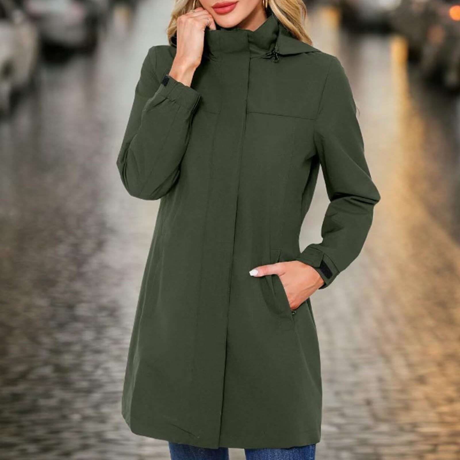 Generisch Poncho de lluvia para mujer, largo, impermeable, con capucha, transpirable, cortavientos, chaqueta de manga larga con cremallera, chaqueta ligera para el tiempo libre
