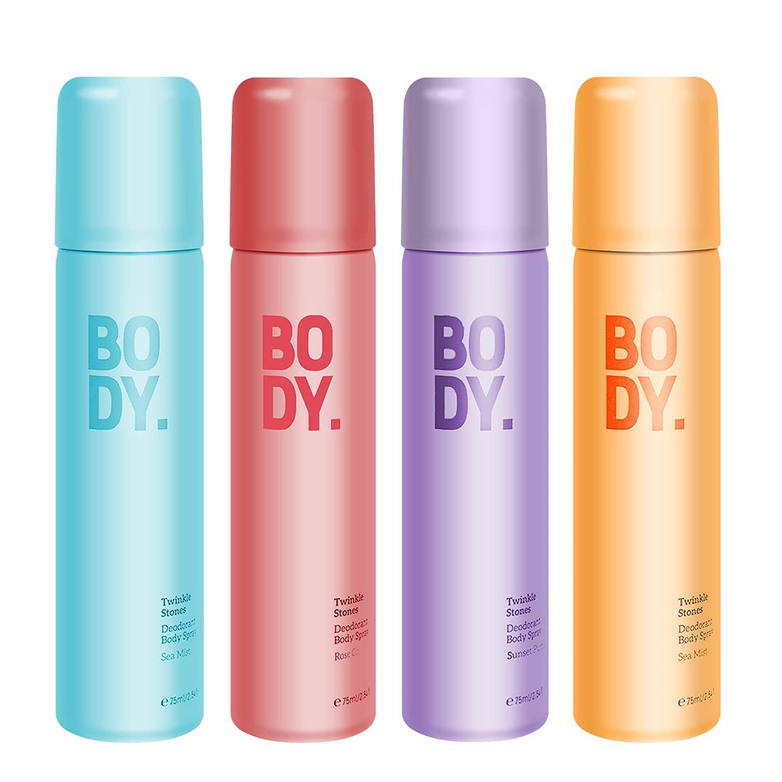 Miniso Twinkle Stones Deodorant Body Spray (Rose Cloud+Sunset Purple+Sunshine Orange+Sea Mist) For Women, 75 Ml (Pack Of 4)