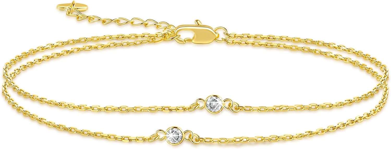14K Gold Anklets for Women Gold Anklet Ankle Bracelets for Women Double-Layer Design with Cubic Zirconia Paperclip Ankle Bracelet for Womens 11(9+2) Inches