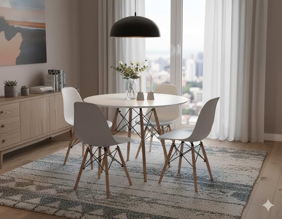 Conjunto de Jantar Mesa Eiffel Branca + 4 Cadeiras Eiffel DKR Brancas - Cozinha, Sala de jantar, Salão de Festas (Mesa 90cm)