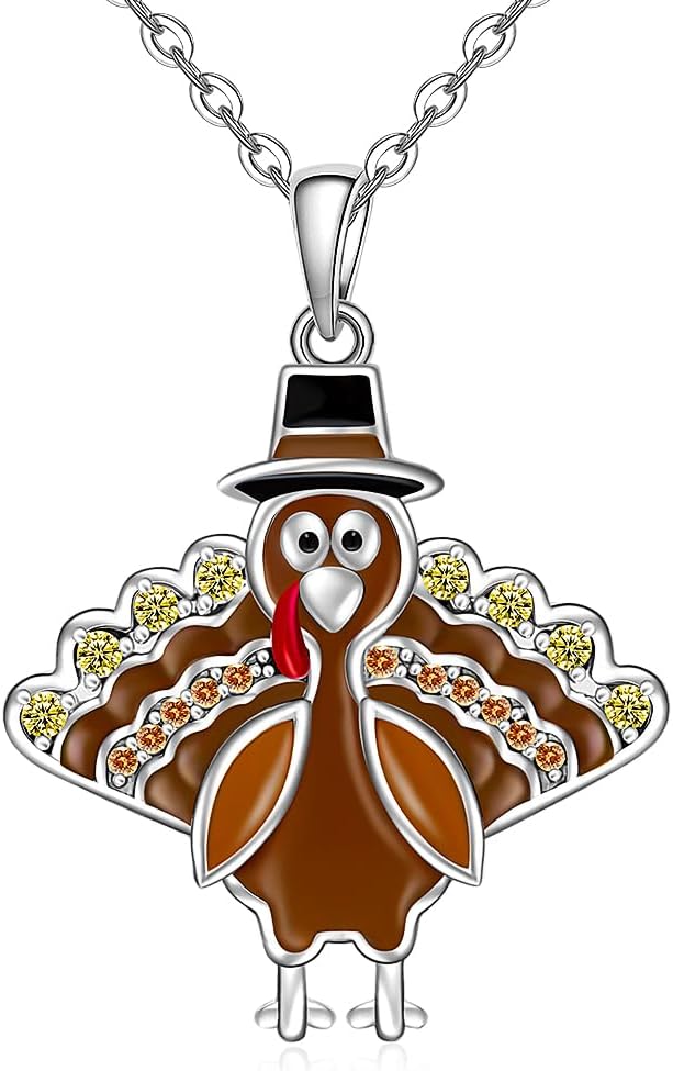 Thanksgiving Necklace Turkey Necklace for Women Sterling Silver Fall Thanksgiving Day Turkey Necklaces Jewelry Friends Holiday Christmas Gifts