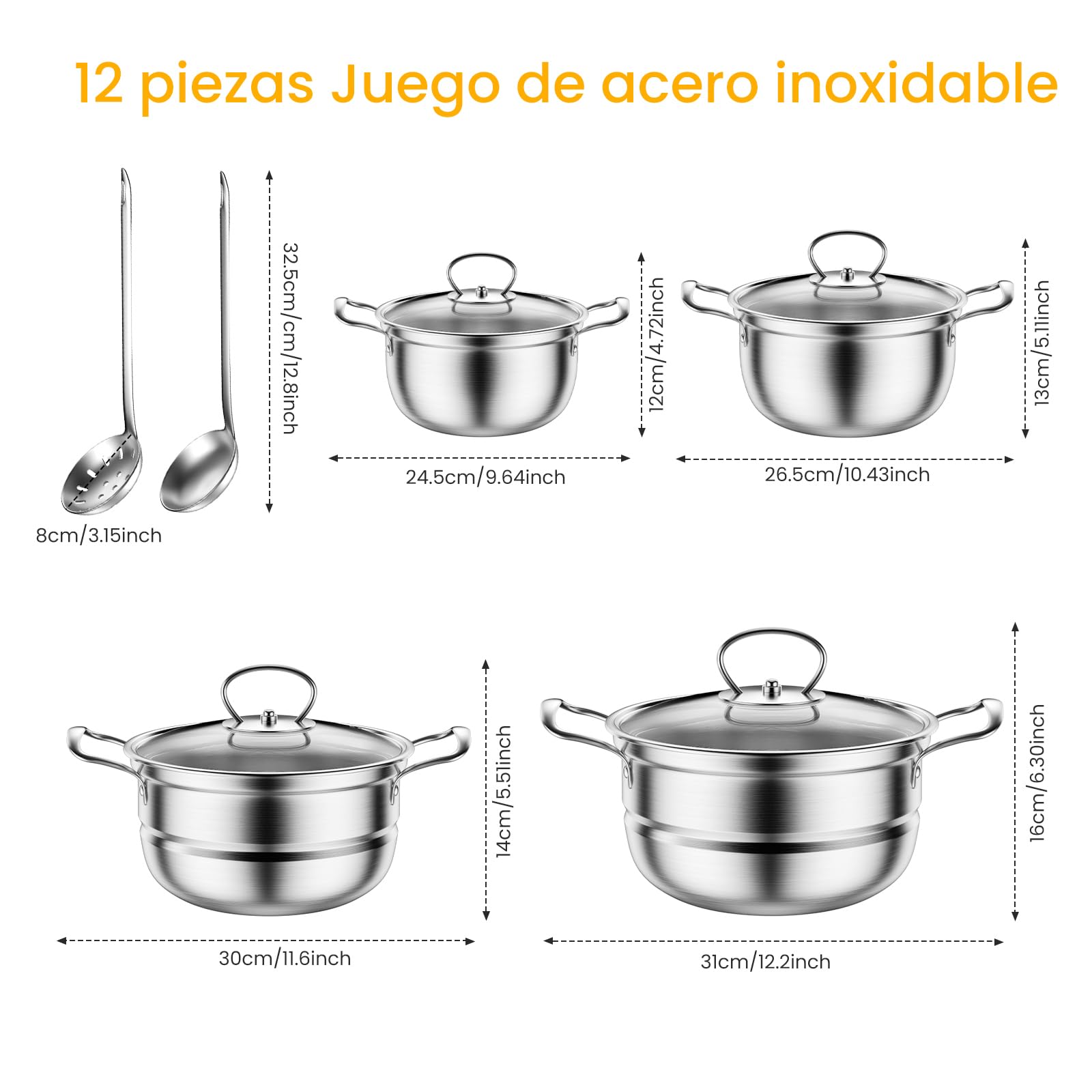 Set di utensili da cucina in acciaio inox, 12 pezzi di utensili da cucina a induzione, vaporiera e cucchiaio, per induzione, con vetro, senza rivestimento (argento)