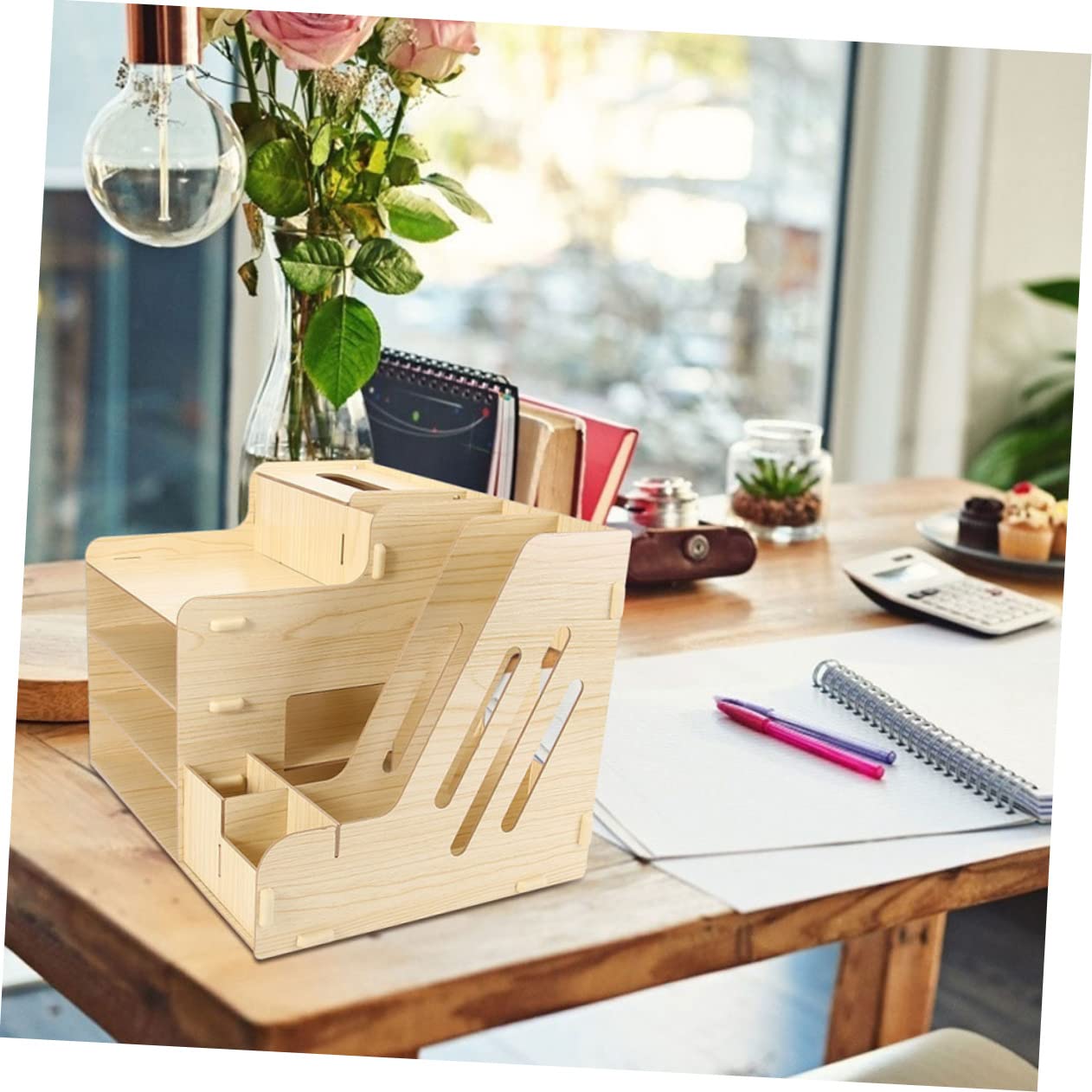 POPETPOP Organizador de Escritorio de Madera Diseño Multifuncional y Compartimentos Múltiples, Estante de Almacenamiento de Archivos Gran Capacidad para Oficina