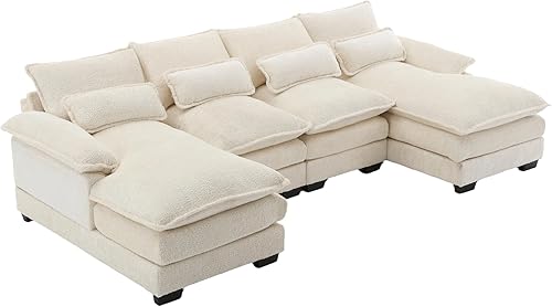 Miniatura 5 de Sofá modular en forma de U con doble diván, cómodo sofá de nube de tapicería de chenilla, sofá cama grande con patas de madera y espuma