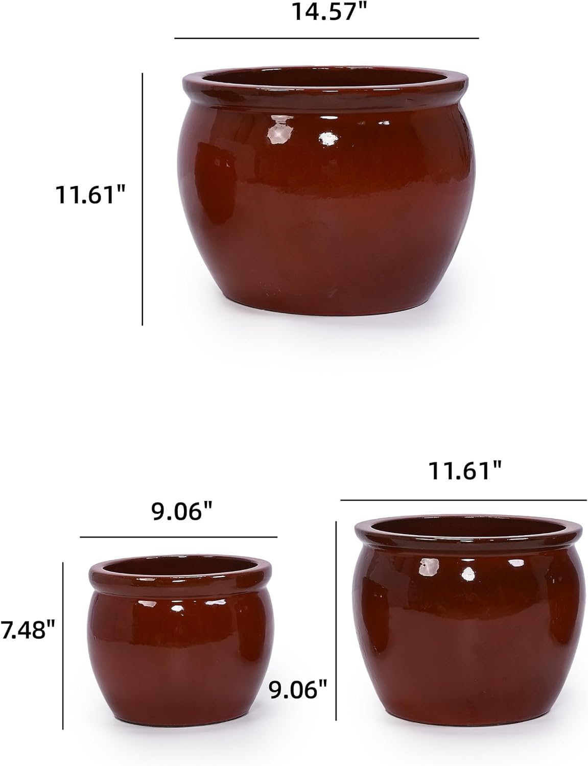 JOCXSPI Handmade Large Ceramic Planters Set of 3 (15, 12, 9 Inch), Red Glazed Flower Pots, Plant Pots with Drainage Hole, Indoor Outdoor Planters for Patio Garden Balcony