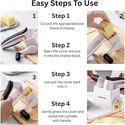 Miniatura 6 de Rallador de queso giratorio clásico con asa, rallador de queso de mano 3 en 1 con 3 ralladores de acero inoxidable, rallador multifuncional para