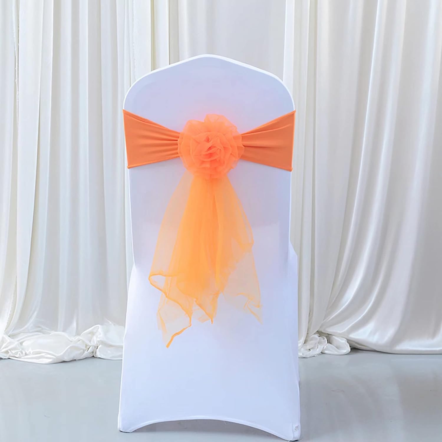 Pack of 10 Flowers Organza Stretch Chair Sashes, for Wedding Party Chair Cover Decoration, Spandex Stretch Chairs Bands (10 PCS White)