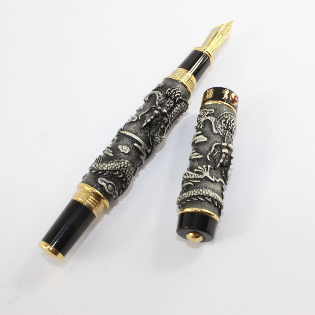 Gullor Antique Silver Double Dragon Medium Fountain Pen with Black