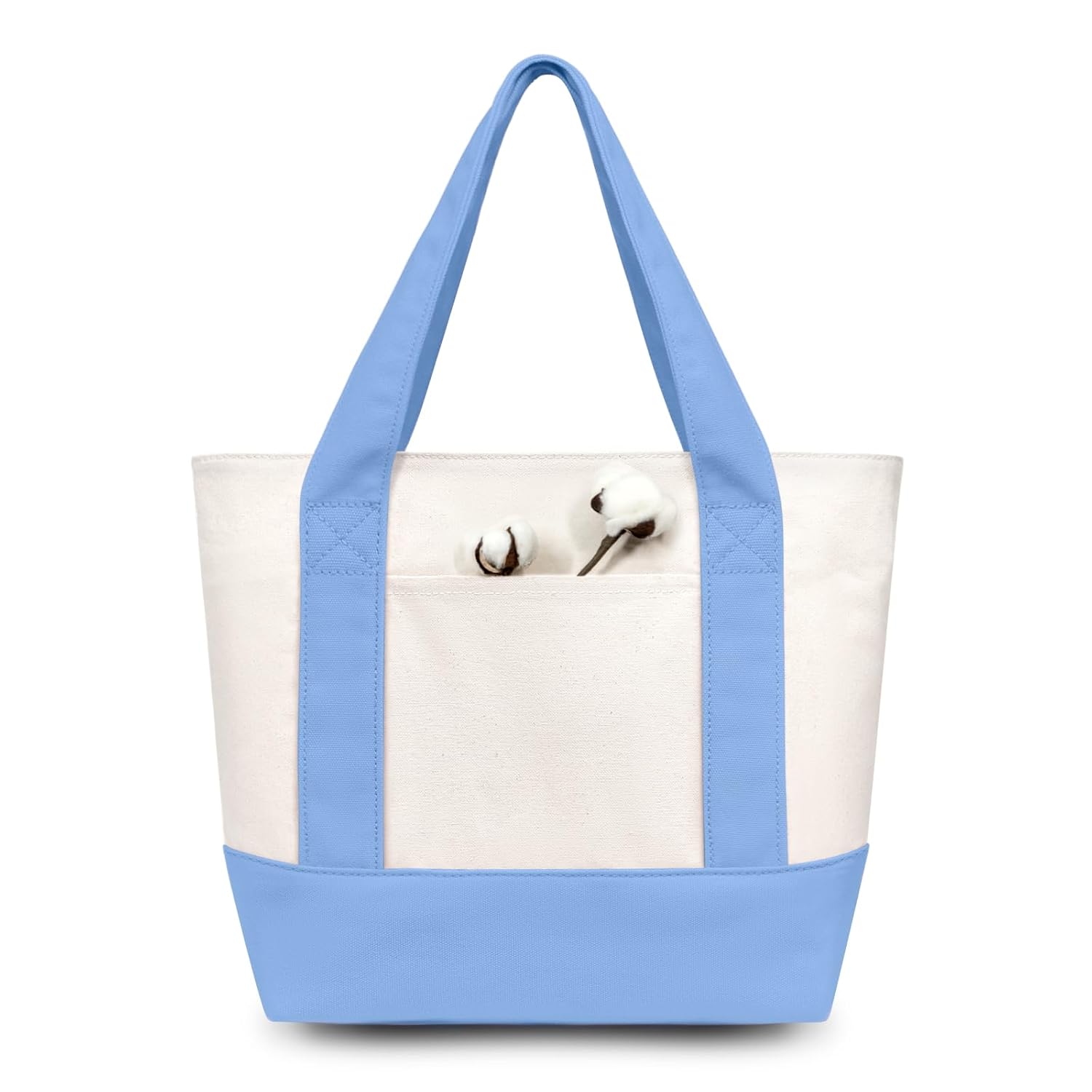 TOPDesign 12-Pack Small Canvas Tote Bags with an External Pocket, Reusable Bags, Top Zipper Closure, Daily Essentials (Light Blue/Natural)