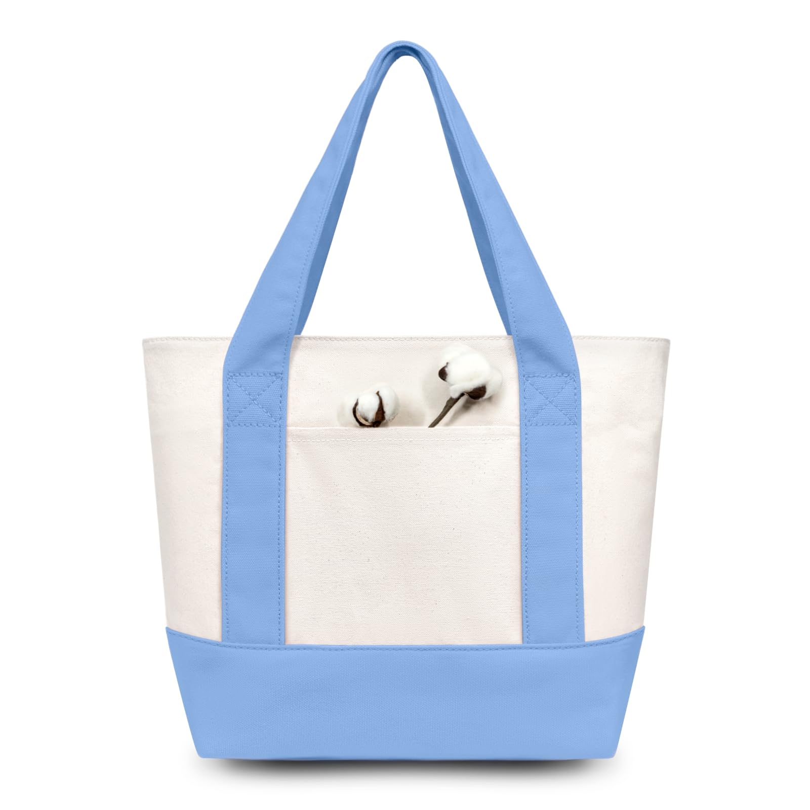 TOPDesign 12-Pack Small Canvas Tote Bags with an External Pocket, Reusable Bags, Top Zipper Closure, Daily Essentials (Light Blue/Natural)