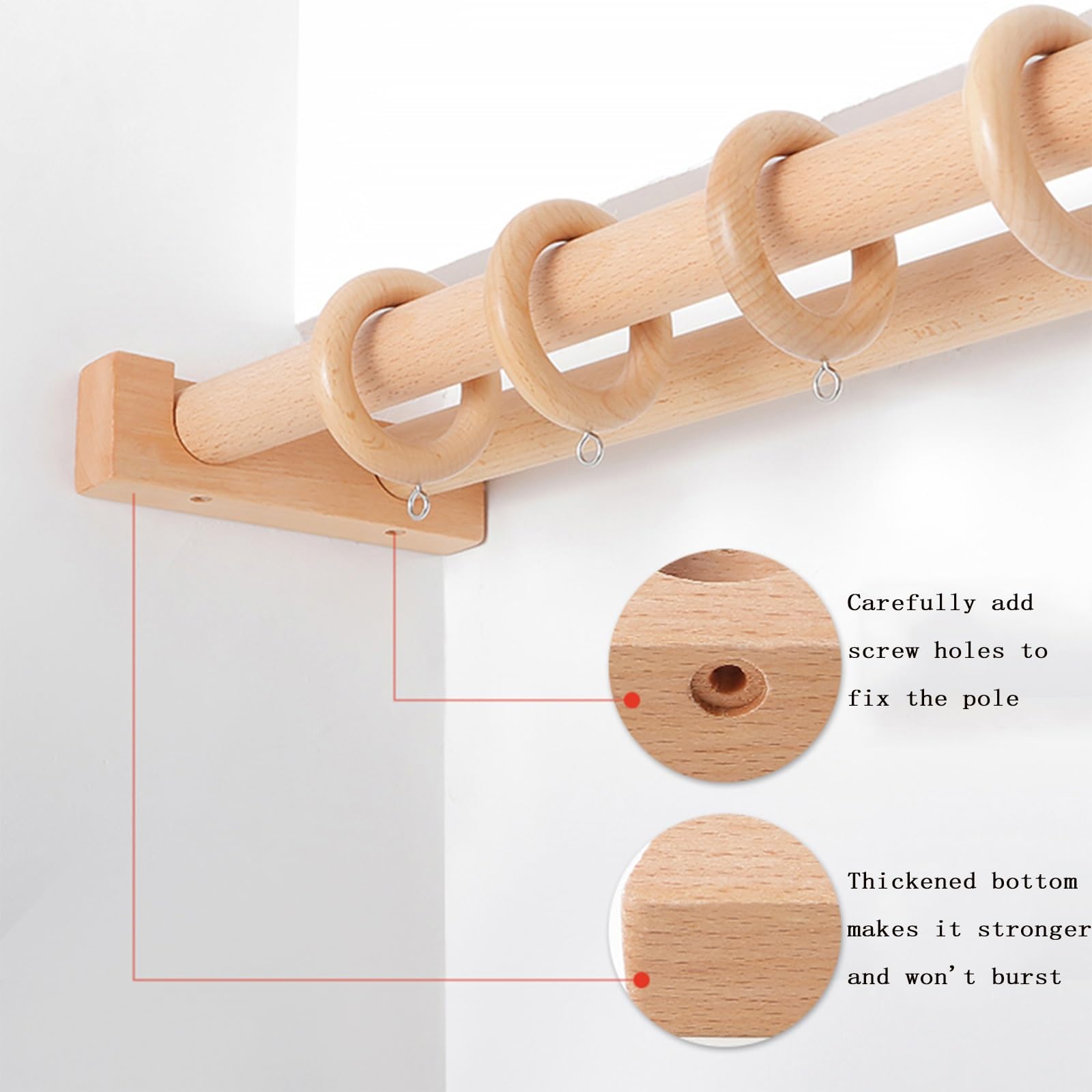 Tringle à rideaux en bois massif avec bride - 160 cm - Support latéral en bois durable - Fonctionnement silencieux - Idéal pour la décoration de la maison et les traitements de fenêtre.