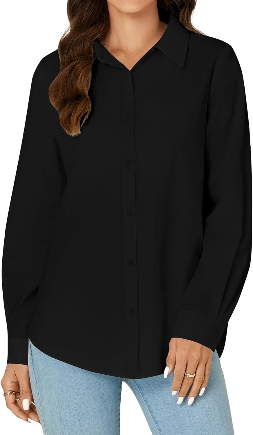 KIFOVEN Women’s Button Down Shirt Long Sleeve Dress Shirt Collared Cotton Casual Work Blouse Top Solid Black Small - Image 2