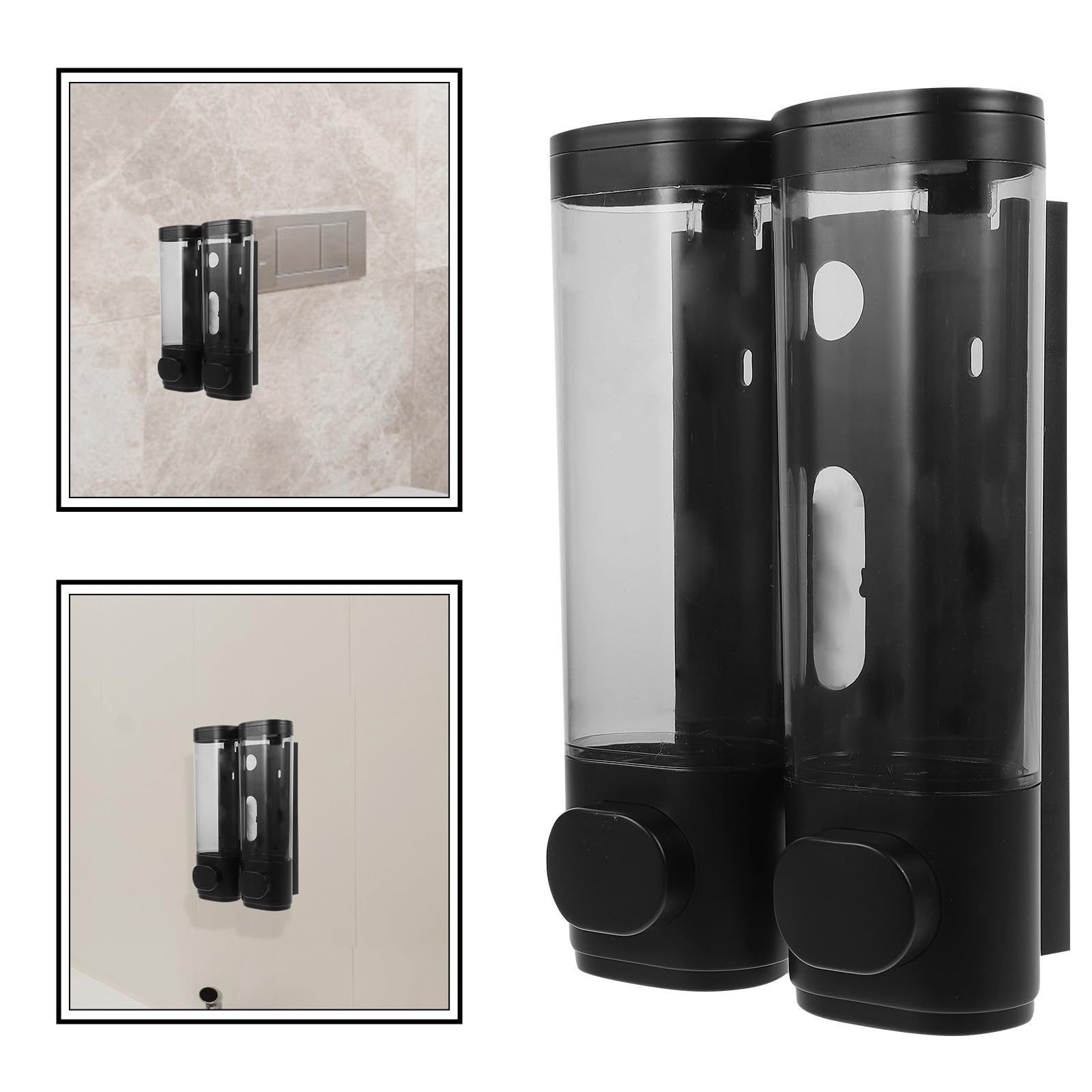 Dispensador de Jabón Negro 300ml sin Perforaciones Plástico Dispensador de Champú y Acondicionador de Pared para Gel de Ducha y Champú, Baños y Hoteles