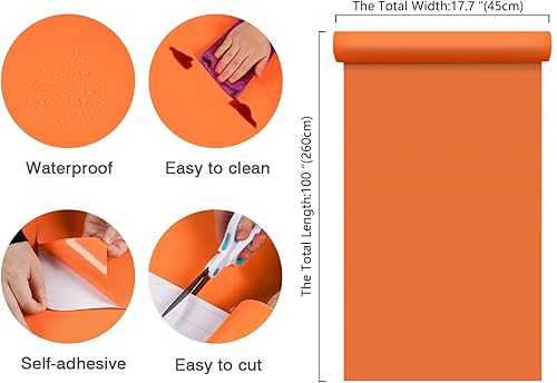 Miniatura 8 de Papel tapiz de color naranja para despegar y pegar de 17.7 x 100 pulgadas, mate, autoadhesivo, extraíble, papel adhesivo naranja sólido para