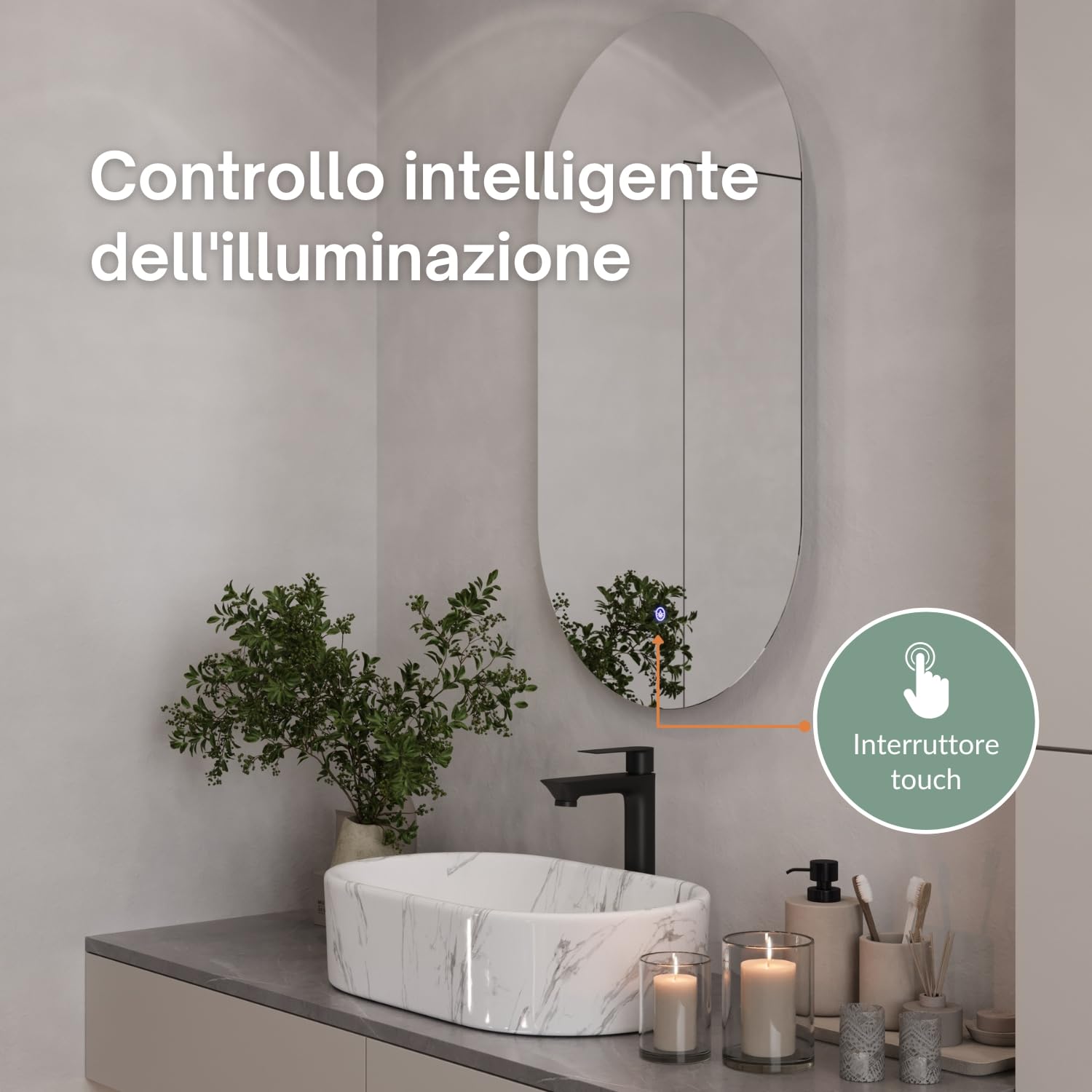 Planetmöbel Specchio con illuminazione 50 x 90 cm, specchio senza cornice, 2 livelli di luce (4000-4200k), con interruttore touch, moderno specchio da parete per bagno, corridoio o guardaroba, ovale
