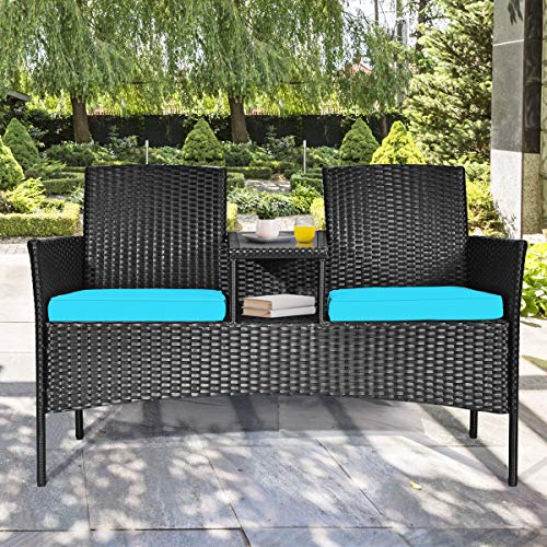 Tangkula Wicker Patio Conversation Furniture Set, Outdoor Furniture Set With Removable Cushions & Table, Tempered Glass Top, Modern Rattan Bench For Garden Lawn Backyard (Turquoise) #TOP3