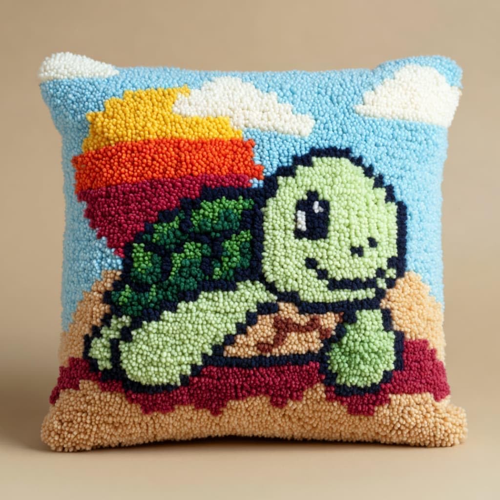 WallustrioaW Latch Hook Pillow Case Kits,Turtles 17X17 Inch Latch Hook Cushion Cover Kit,Knitting Kits Cushion for Adults Rug Making Kit for Starters