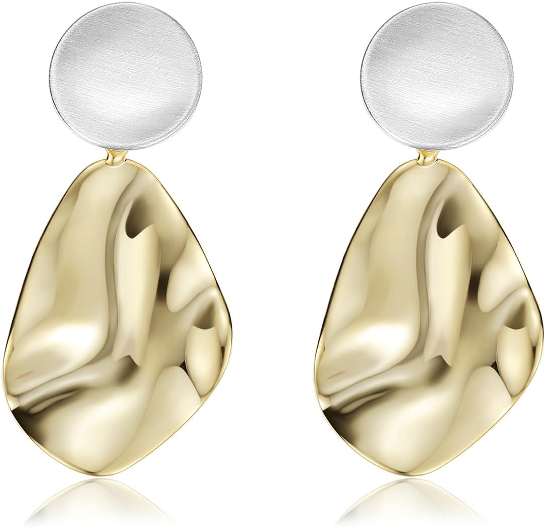 Gold Plated Teardrop Statement Dangle Earrings Hammered Drop Dangle Earrings for Women Chunky Drop Dangle Earrings Trendy Geometric Statement Earring Lightweight Ripple Stud Jewelry Gift