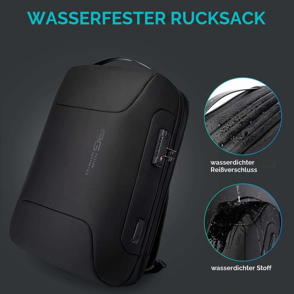 BANGE Anti-Diebstahl-Rucksack mit USB-Ladeanschluss, leichter Business-Rucksack für Damen und Herren, Schwarz (Upgrade) All