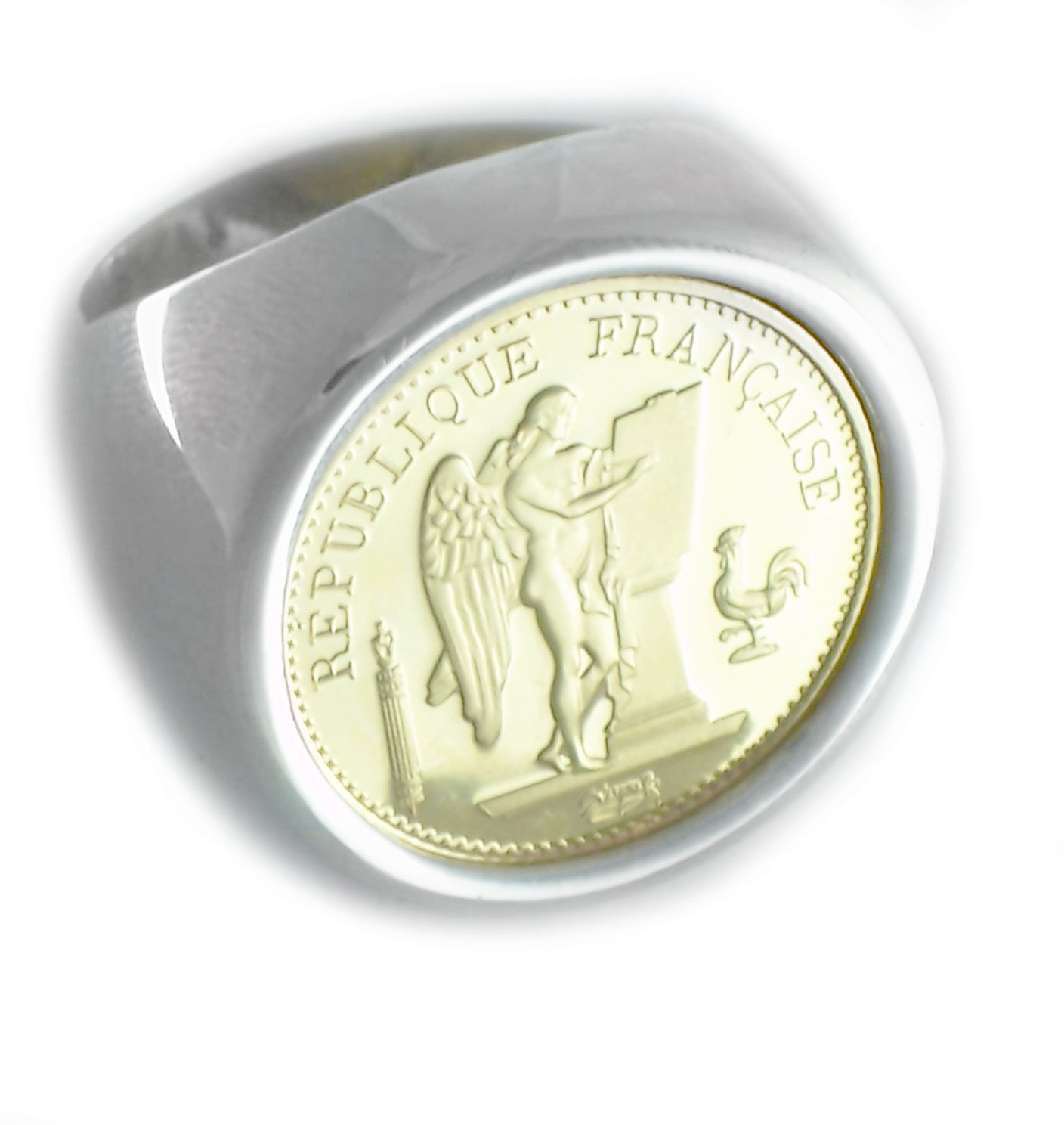 20 Franc Coin Ring .925 Sterling Silver High Polished with Gold Coin (12)